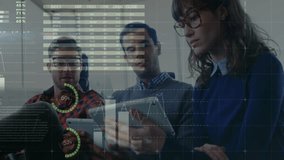 Analyzing data on tablet, diverse team with glasses over digital analytics animation. Teamwork, collaboration, technology, professionals, strategy, innovation - Powered by Shutterstock - Get 15% off with code: PIKWIZARD15