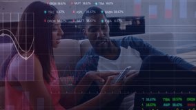 Stock market data animation over diverse people discussing on couch. Finance, investment, business, technology, teamwork, collaboration - Powered by Shutterstock - Get 15% off with code: PIKWIZARD15