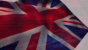 Binary code animation over waving United Kingdom flag. Technology, digital, UK, coding, cybersecurity, programming - Powered by Shutterstock - Get 15% off with code: PIKWIZARD15