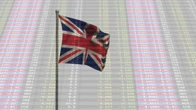 British flag waving over financial data animation with various numbers and percentages. Finance, economy, statistics, investment, stock market, analysis - Powered by Shutterstock - Get 15% off with code: PIKWIZARD15
