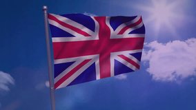 United Kingdom flag waving with financial data processing animation over blue sky. Finance, economy, investment, analytics, technology, sovereignty - Powered by Shutterstock - Get 15% off with code: PIKWIZARD15