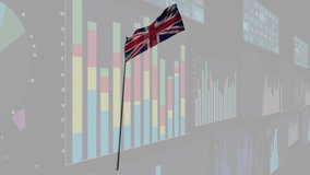 Union Jack flag waving over financial data charts animation. Finance, economy, analytics, investment, stock market, trading - Powered by Shutterstock - Get 15% off with code: PIKWIZARD15