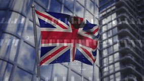 Union Jack flag waving over financial data charts and skyscraper animation. Finance, economy, business, investment, stock market, analytics - Powered by Shutterstock - Get 15% off with code: PIKWIZARD15
