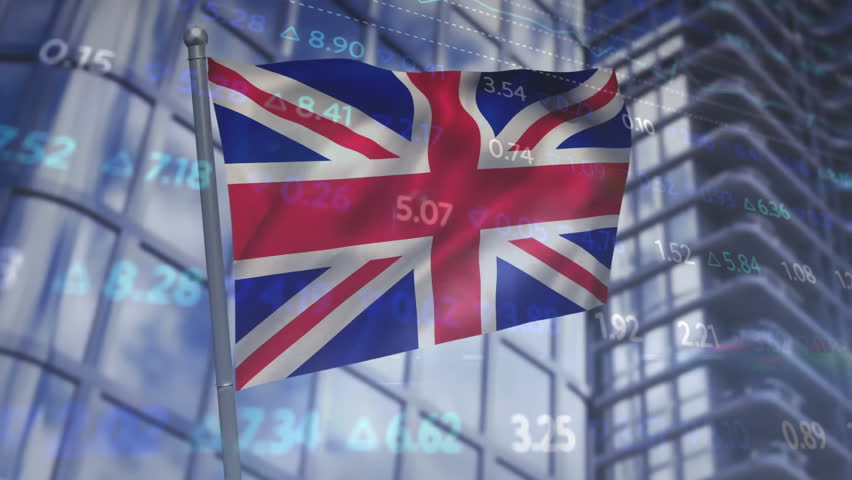 UK flag waving over financial data and stock market animation. Finance, stocks, economy, trading, currency, investment - Powered by Shutterstock - Get 15% off with code: PIKWIZARD15
