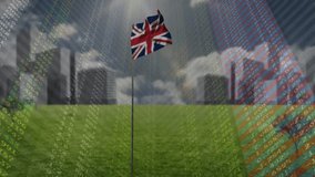 Stock market data animation over British flag and stadium background. Finance, trading, stocks, investment, growth, economy - Powered by Shutterstock - Get 15% off with code: PIKWIZARD15