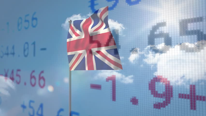 British flag waving over financial data animation with clouds in background. Finance, economy, United Kingdom, investment, analytics, stock market - Powered by Shutterstock - Get 15% off with code: PIKWIZARD15