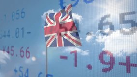 British flag waving over financial data animation with clouds in background. Finance, economy, United Kingdom, investment, analytics, stock market - Powered by Shutterstock - Get 15% off with code: PIKWIZARD15