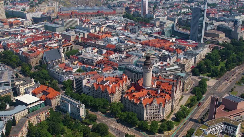 An Aerial panorama view around the old town of the city Leipzig on an early summer day in Germany.