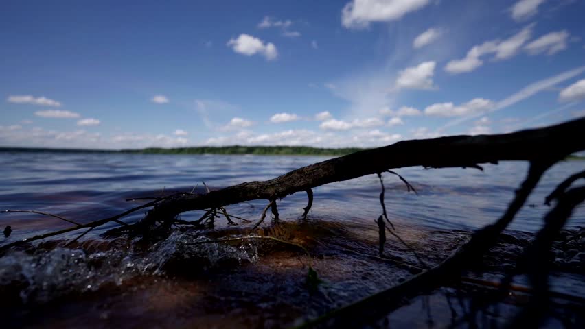 An image of a lake with green trees reflected in the water and a blue sky with white clouds. The shadows on the shore create a feeling of coolness and silence.