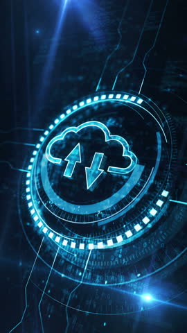 Vertical video: Cloud computing server mobile access storage symbol digital concept. Network, cyber technology and computer background abstract 3d seamless and loopable.