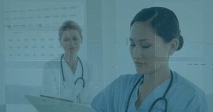 Medical data processing animation over healthcare professionals working in hospital. technology, digital, analysis, teamwork, modern, innovation - Powered by Shutterstock - Get 15% off with code: PIKWIZARD15