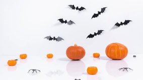 Greeting card with text: "Happy Halloween". Orange pumpkins, black bats and spider crawls on white background. Stop motion animation. - Powered by Shutterstock - Get 15% off with code: PIKWIZARD15