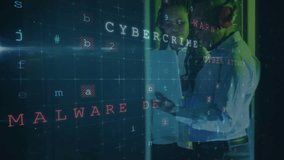 Cybercrime and malware animation over diverse professionals discussing in office. Cybersecurity, hacking, data breach, technology, threats, virus - Powered by Shutterstock - Get 15% off with code: PIKWIZARD15