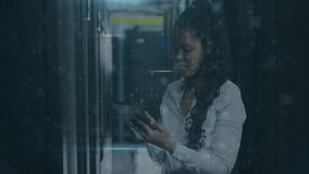Warning text and numbers animation over woman using tablet in server room. Technology, cybersecurity, data, digital, IT, information - Powered by Shutterstock - Get 15% off with code: PIKWIZARD15