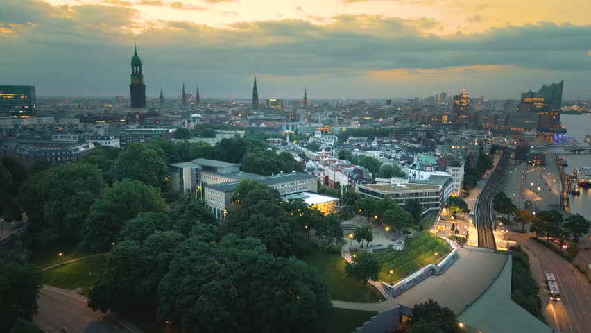 Hamburg germany city skyline aerial  view at night, hamburg night downtown panorama view.