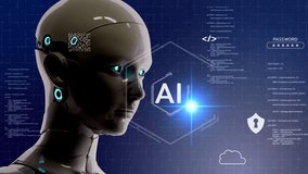 Robot head close up, AI computer automation coding prompt cyber security computer network internet futuristic digital technology AI chatbot VA virtual assistant coding finance business data analytics - Powered by Shutterstock - Get 15% off with code: PIKWIZARD15