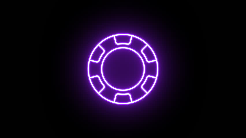 Neon poker chip animation, uniform rotation with color blink. Glowing neon 3D casino chip icon, looped spin. Poker playroom, game token, playing chip, gambling, casino club, lucky bet. 3 colors