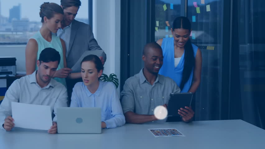 Network of connections animation over diverse business people collaborating in office. Teamwork, collaboration, networking, diversity, corporate, partnership