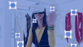 Wearing VR headset and holding measuring tape, woman in clothing store with network animation. Shopping, retail, technology, virtual reality, fashion, innovation - Powered by Shutterstock - Get 15% off with code: PIKWIZARD15