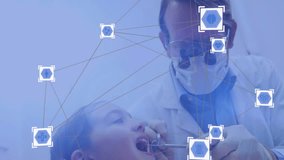 Network of medical icons and connections animation over dentist treating child. Healthcare, dentistry, technology, treatment, pediatric, patient - Powered by Shutterstock - Get 15% off with code: PIKWIZARD15