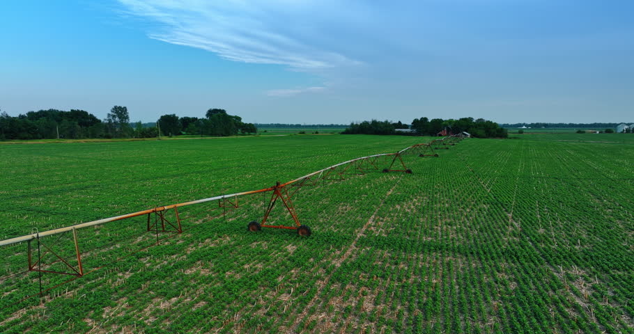 Flying along the irrigation system device on the agricultural field. Drone footage above the plantation with vegetation.