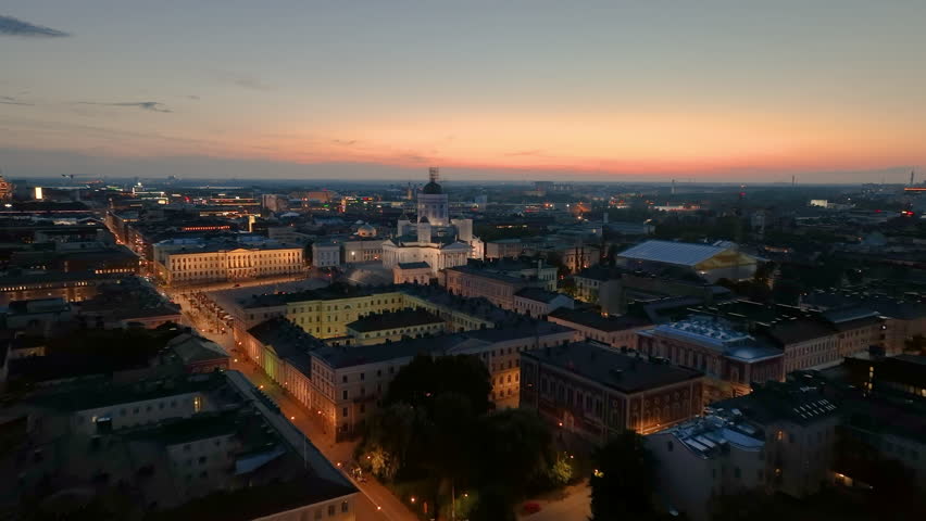 4k Aerial view of famous places architectural landmarks Lutheran Christian Cathedral Church at the Senate Square in Helsinki, Finland