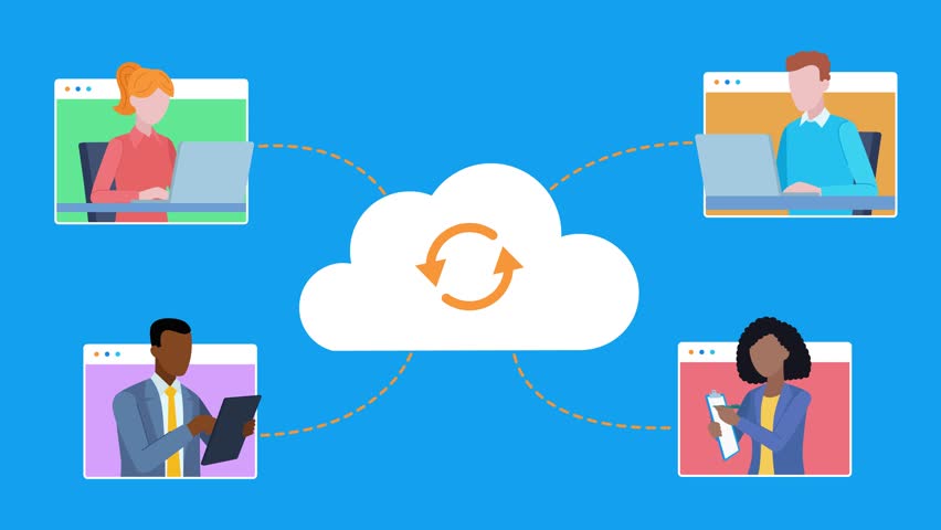 Cloud connection between coworkers. Characters appear in application tiles. A line extends from the tiles that connects them to the cloud. Animation in flat style. 4k, hd format