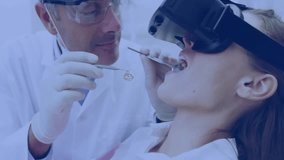 Dentist examining patient with virtual reality headset, medical icons animation over scene. Healthcare, dentistry, innovation, technology, examination, patient care - Powered by Shutterstock - Get 15% off with code: PIKWIZARD15