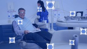 Medical network and data processing animation over man sitting in dental clinic. Healthcare, technology, digital, dentist, patient, monitor - Powered by Shutterstock - Get 15% off with code: PIKWIZARD15