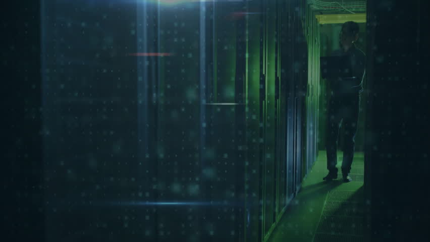 Warning text animation over person walking in data center with numbers. Technology, cybersecurity, alert, server, network, coding - Powered by Shutterstock - Get 15% off with code: PIKWIZARD15