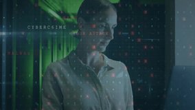 Cybersecurity threat detection animation over woman working in server room. technology, IT professional, network security, data protection, computer system, firewall - Powered by Shutterstock - Get 15% off with code: PIKWIZARD15