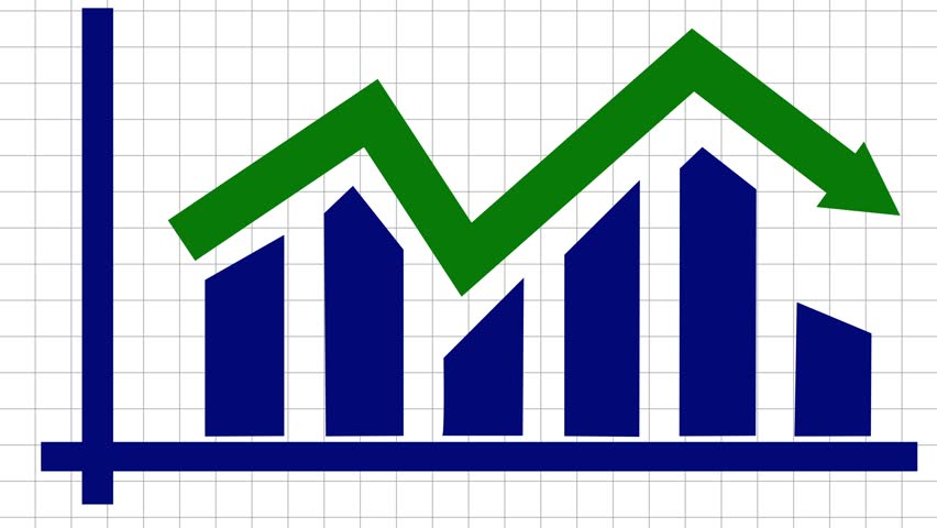 A business graph up to a down green arrow with an animated blue bar. Animation of a blue bar chart graph on a white background with a grid. Video footage