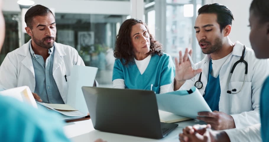 Office, laptop and doctors in meeting with problem in diagnosis, funding management or angry discussion. Conflict, argument and frustrated team of healthcare people in disagreement in medical opinion