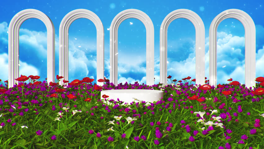 3D Beautiful white arch corridor with podium. butterfly on flower garden. clouds and bright blue sky tunnel background. Computer animation. Modern background. motion design. Loopable. LED.4K