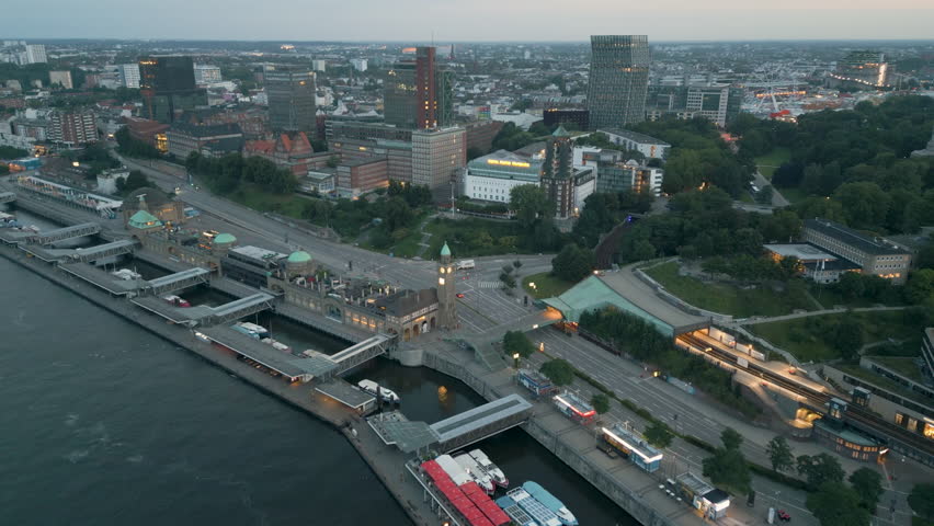 Hamburg night aerial skyline view fly over river in front hamburg skyscrapers downtown panorama view hamburg city germany.