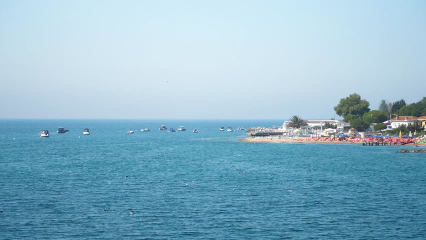 Seaview of many moored boats In the harbor near the shore of Princes islands, Istanbul. Clear blue summer sky and calm Sea of Marmara water. 
