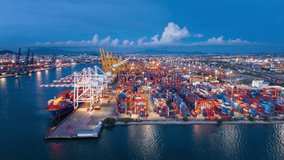 time lapse day to night Cargo Container Ship international customs sea port. Crane loading cargo working at industry port. working at night shift import export shipping concept. - Powered by Shutterstock - Get 15% off with code: PIKWIZARD15