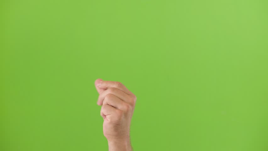 Man Gesturing Pay me. Money Gesture. Annoyed Male Hand Showing Sign of Demanding Cash on Open Palm Isolate Chroma Key Green Screen. Close Up. Money Question, Where to Invest, Pay Off Debt, Finance