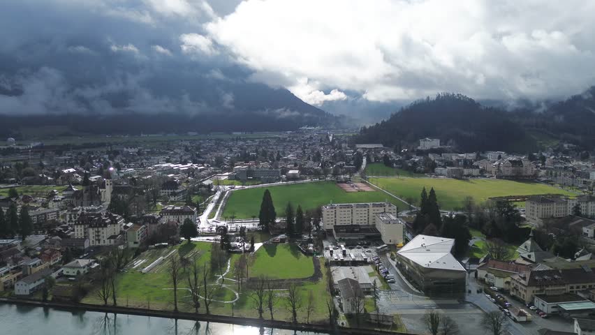 Interlaken, Switzerland, after the rain, the sky cleared up, aerial view of Interlaken city scenery and the Viger River.