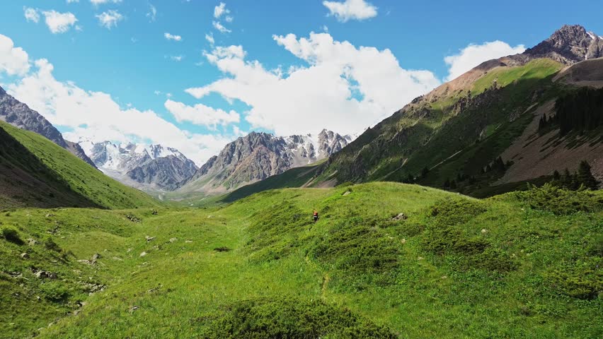 Beautiful view of the high mountains from the drone. Aerial Kazakhstan.