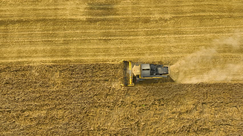 A top-down aerial perspective of a combine harvester working through a mature wheat field, collecting the ripe grain