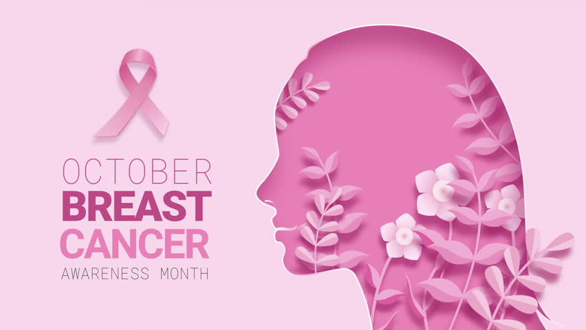 Women breast cancer awareness month motion graphic design on pink background with text and ribbon decoration