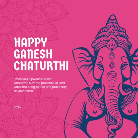 A digital greeting card wishing a Happy Ganesh Chaturthi The background is a vibrant pink color and the text HAPPY GANESH CHATURTHI is written in bold blue letters