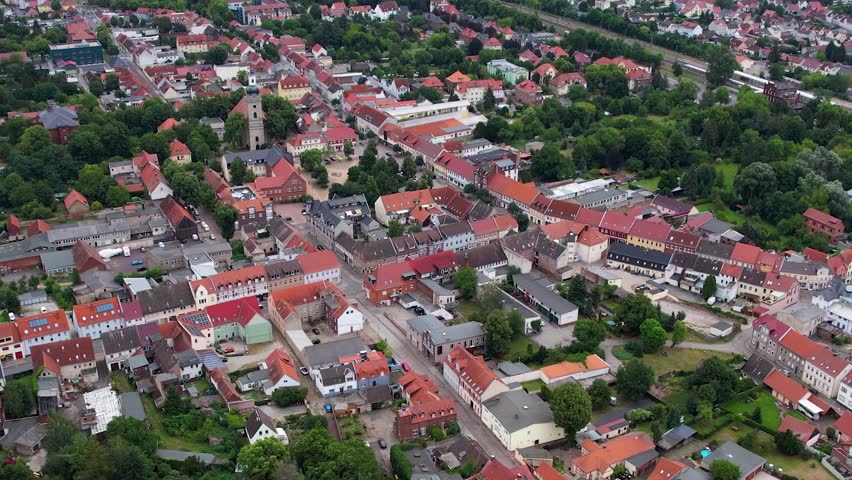 An Aerial panorama view of the old town around the city Genthin on a summer day in Germany.