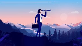 Businessperson looking for opportunities - Businesswoman outdoors in nature landscape with binoculars searching and doing research for business discovery and future. Vector design animation - Powered by Shutterstock - Get 15% off with code: PIKWIZARD15