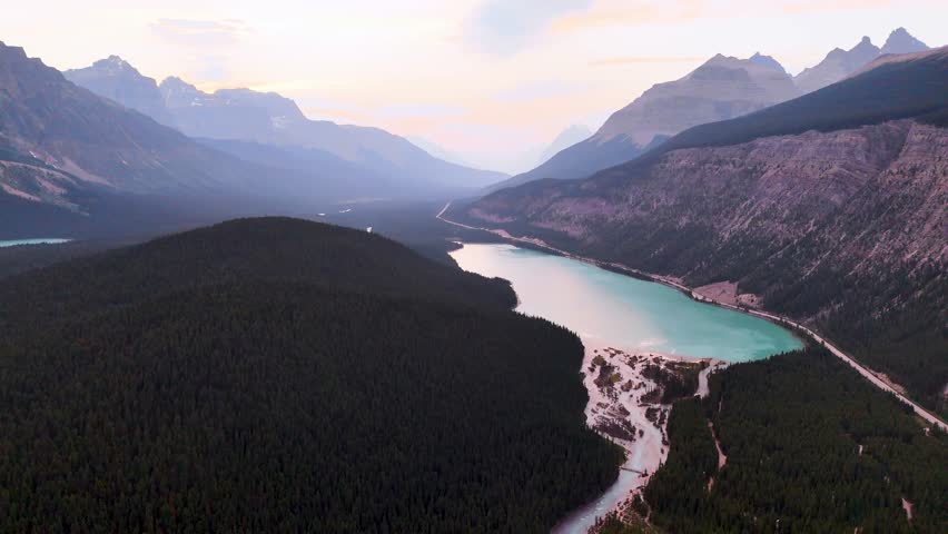 Top Cinematic Aerial view to the Jasper National Park, Alberta. Waterfowl Lakes aerial view. Canadian wild nature and landscape from above. Drone footage. 