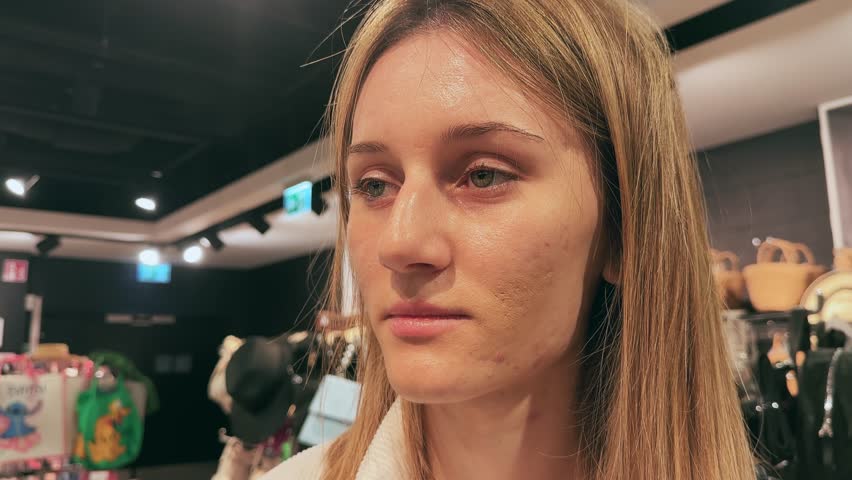 A blonde woman try green hat on sale in shopping mall. The background has a lot of hats and bags