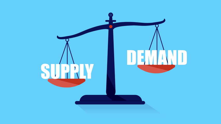 Law of supply and demand - Weight scale balancing the supply of goods or services up and down. Flat design illustration animation in front view