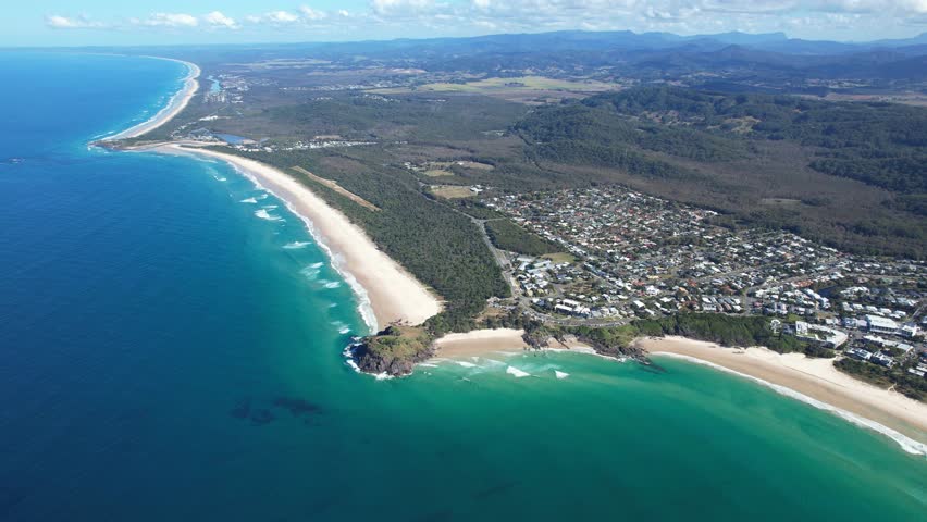 Panoramic View Of Norries Headland And Cabarita Beach Town In Northern Rivers, New South Wales, Australia. Aerial Shot