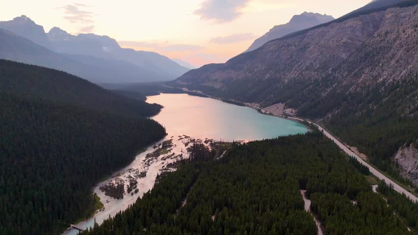 Top Cinematic Aerial view to the Jasper National Park, Alberta. Waterfowl Lakes aerial view. Canadian wild nature and landscape from above. Drone footage